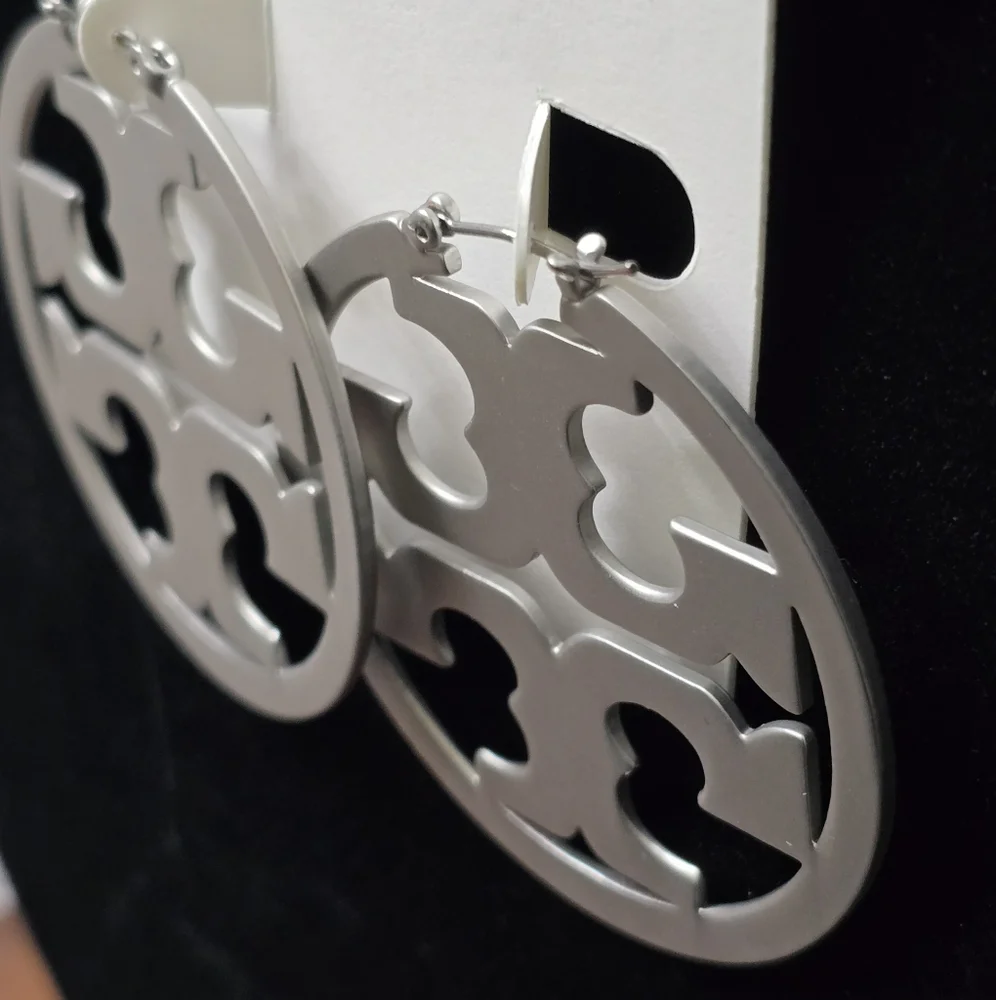 Tory Burch Miller Silvertone Logo Hoop Earrings